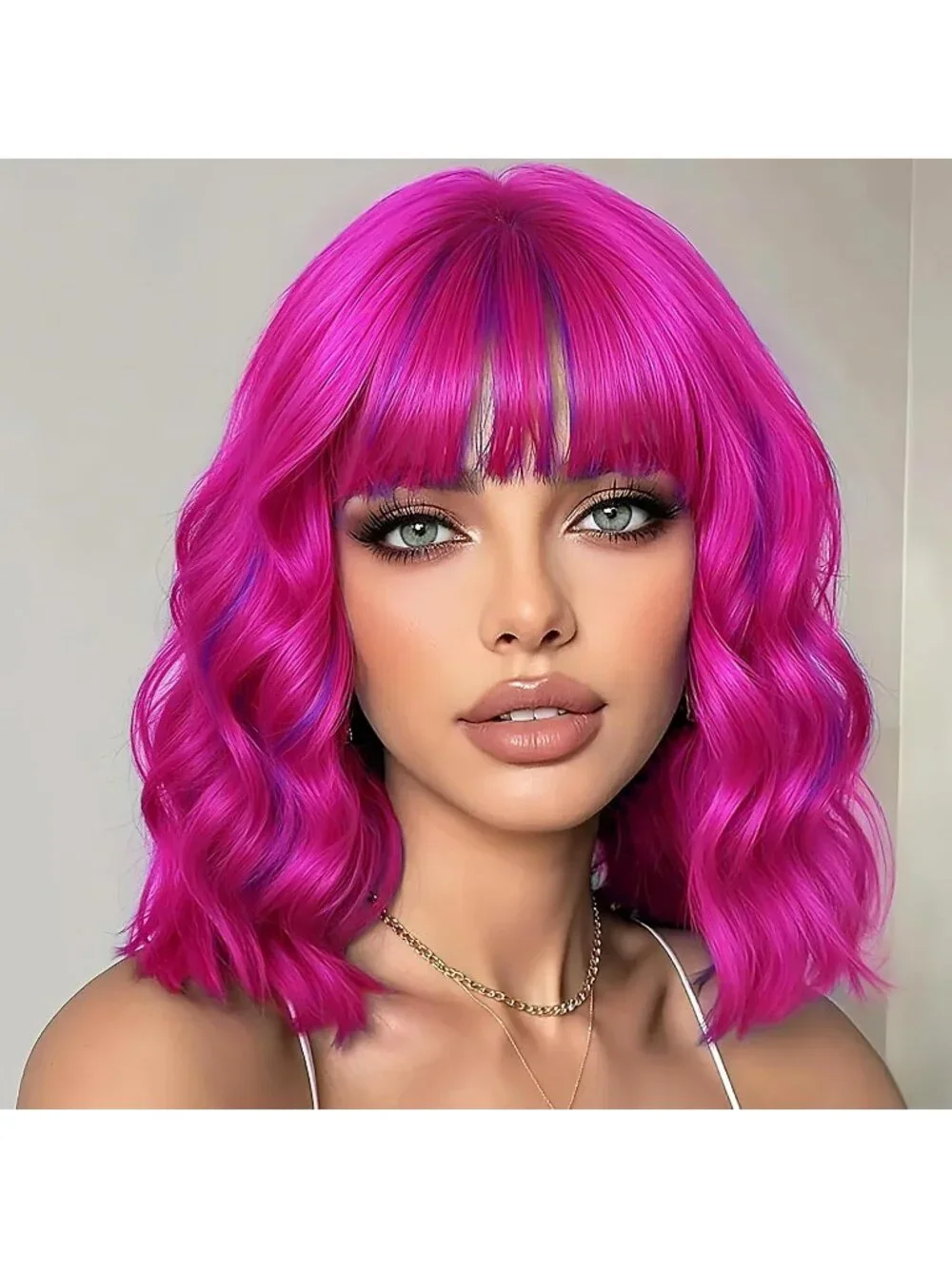 Women's Rose Purple 14 Inch Heat Resistant Short Wavy Hair Pastel Bob Wig Bangs